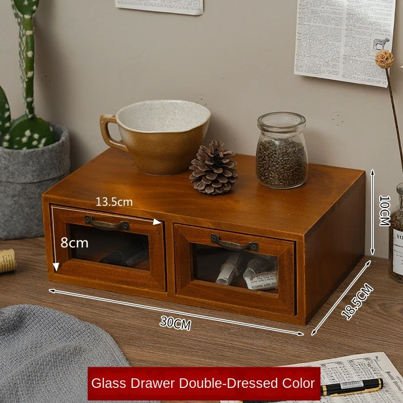 Chinese solid wood drawer type retro debris storage rack desktop storage box Cosmetics office desk storage rack 3