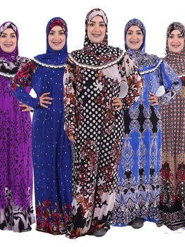 Muslim Prayer Garment Dress Women Islamic Clothing Floral Thobe  Burka Dubai Turkey Jurken Abaya Hooded Khimar Hijab Robe jilbab