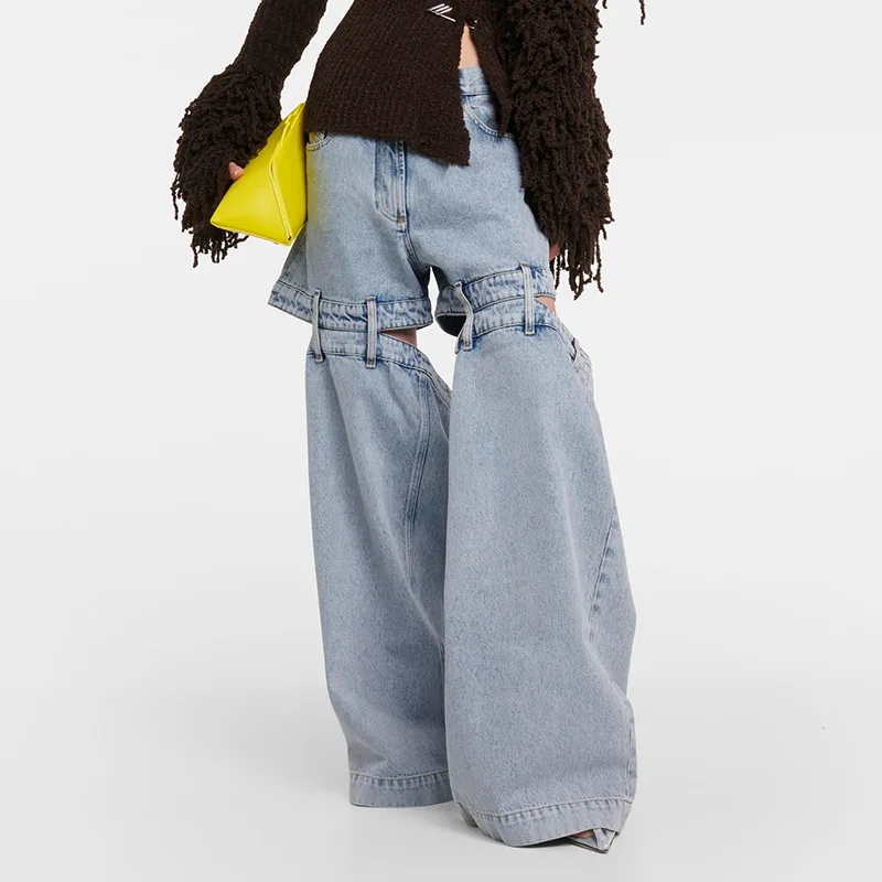 Retro Fashion Street Style 2024 Summer Cut Cut Cutout Careful Machine Design Denim Loose Wide-leg Pants for Women Slight Strech