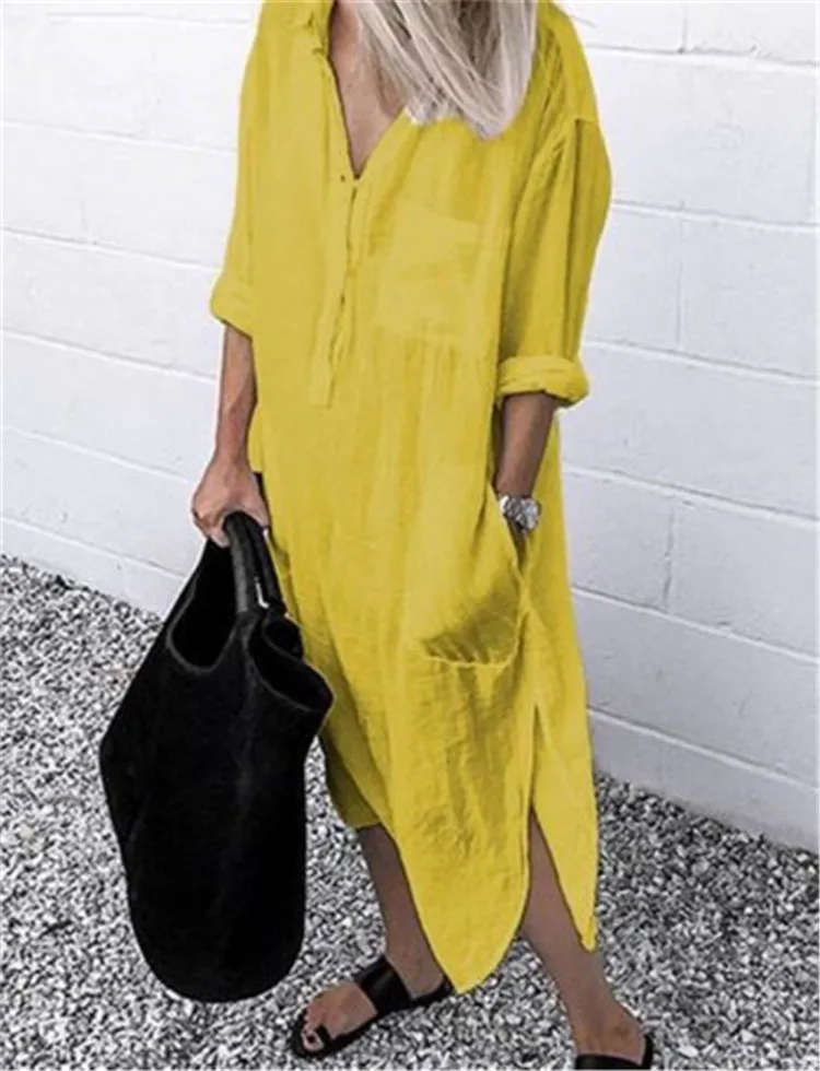 Women Dress Summer Shirt Long Dress Women Casual Long Sleeve Side Split Button Dresses Female Elegant Solid Color Pocket Loose Dresses