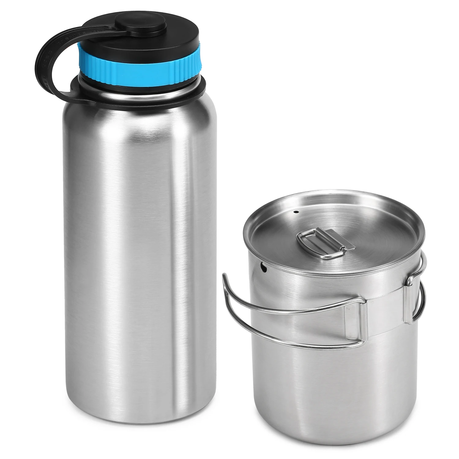 

1000ml Stainless Steel Vacuum Insulated Water Bottle with 700ml Water Cup Hanging Pot Camping Hiking Equipment Travel Tableware