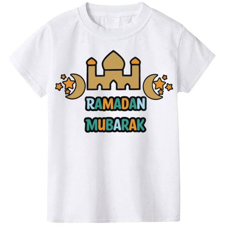 Happy Ramadan Mubarak Print Children's Clothes Boy Girl T-shirt Eid Ramadan Kids T Shirt Short Sleeve Outfit Tops Islamic Muslim