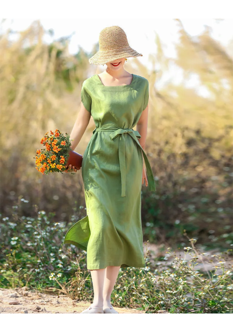 Vestido informal de moda de verano para mujer, vestidos de lino y algodón  2023, vestido elegante sencillo de manga corta con cuello redondo, bata de