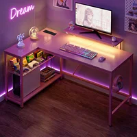 NOST&HOST Pink L Shaped Gaming Desk LED Power Outlets,42" Corner Computer Desk Reversible Shelves Hooks Home Office Bedroom Desk 6