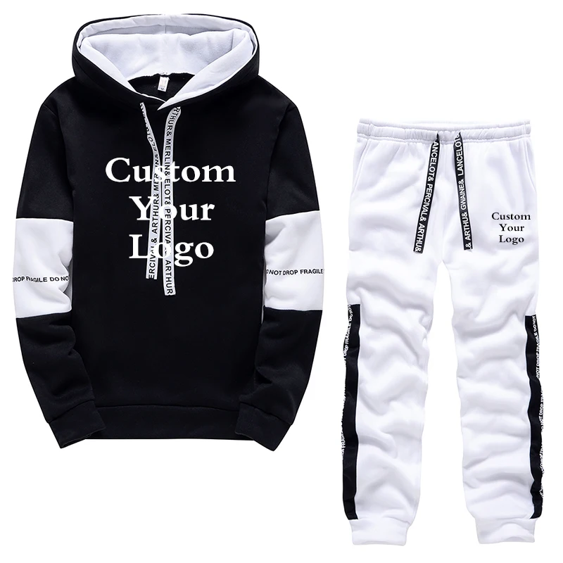 New Men's Custom Logo Sportwear 2 Piece Set Hoodie+Drawstring Sweatpants Autumn Warm Sport Tracksuit Clothing for Male