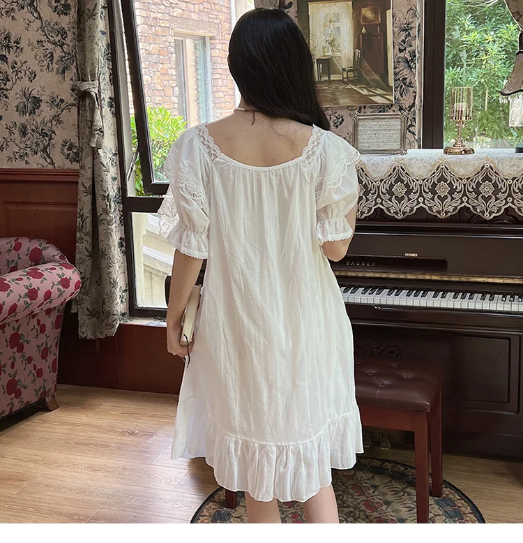 Palace princess style short-sleeved nightdress women's summer thin cotton cotton white pajamas lace edge home service