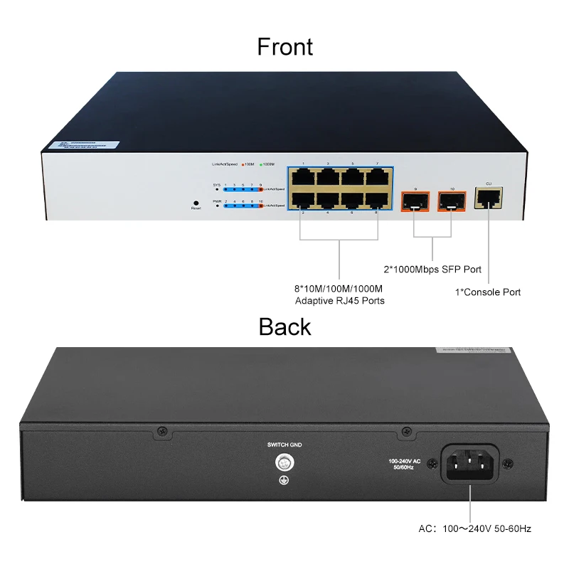 2*1000M SFP 슬롯 포트 및 8*100/1000M RJ45 포트로 Onti-L3 관리 스위치, 스위칭 용량 336Gbps