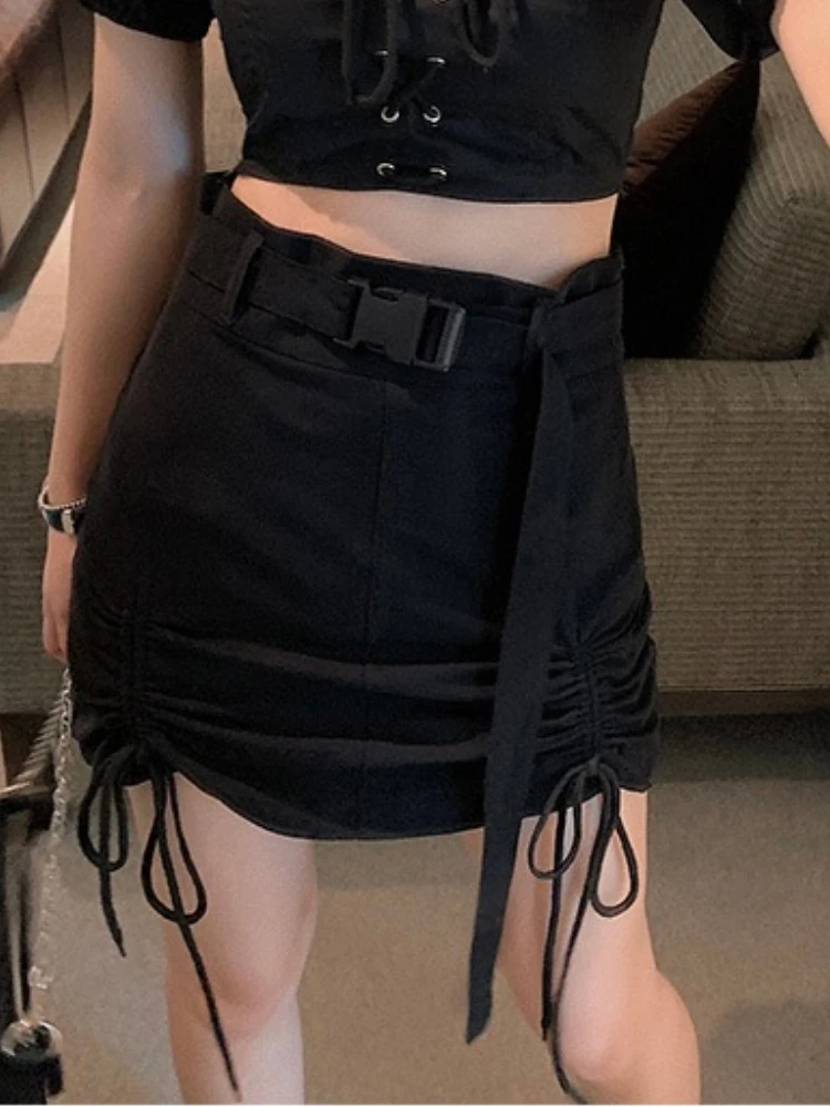 

DEEPTOWN Shirring Cargo Skirt Women Solid High Waist Belt Slim Sexy Korean Fashion Mini Pencil Skirt Gothic Streetwear Summer