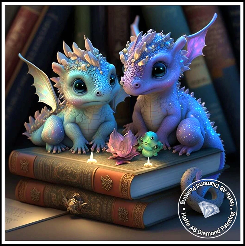 5d Cute Little Dragon Reading Books AB Drills Diamond Painting Art Fantasy Animals With Flower Mosaic Cross Stitch Wall Decor