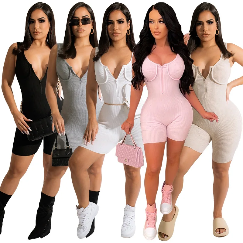 

Summer Body-Shaping Rompers Women Front Zip Classy Sheath Slim Sexy Party Playsuit Solid Tank Camisole Clubwear Jumpsuits