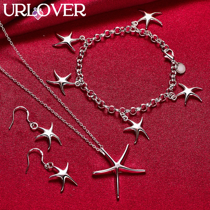 

URLOVER 925 Sterling Silver Starfish Chain Necklace Bracelet Earring Set For Woman Party Birthday Wedding Fashion Jewelry Gifts