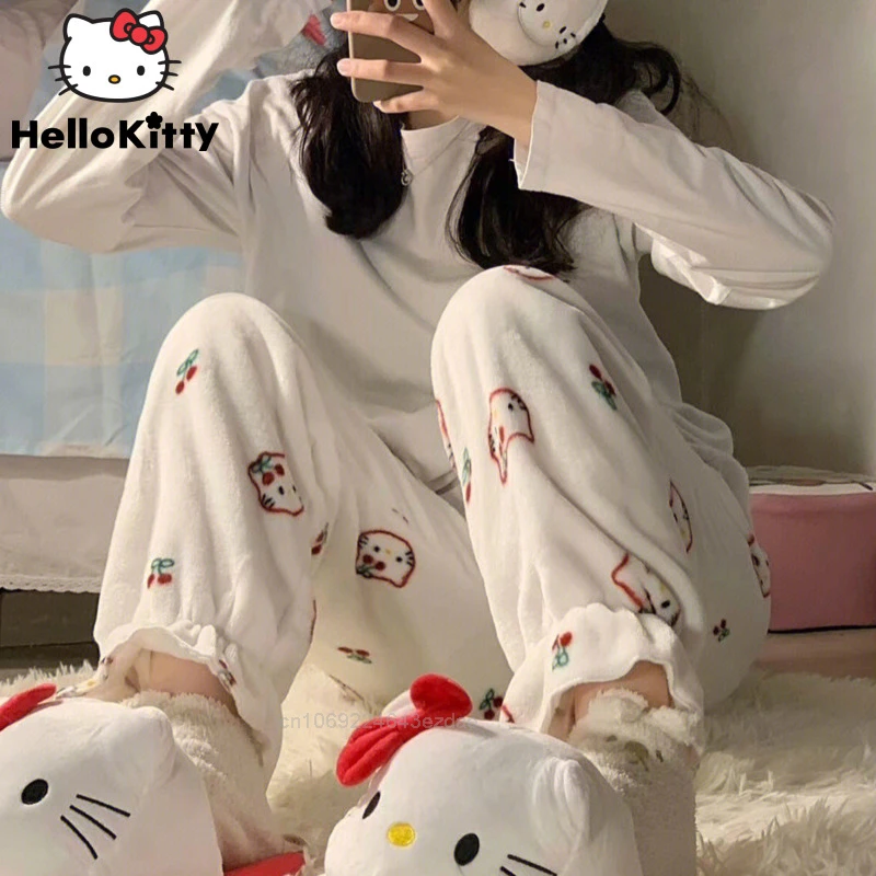 Sanrio Fashion Cartoon Hello Kitty Plush Warm Pajamas Women Autumn New Cute Soft Pants Y2k Girl