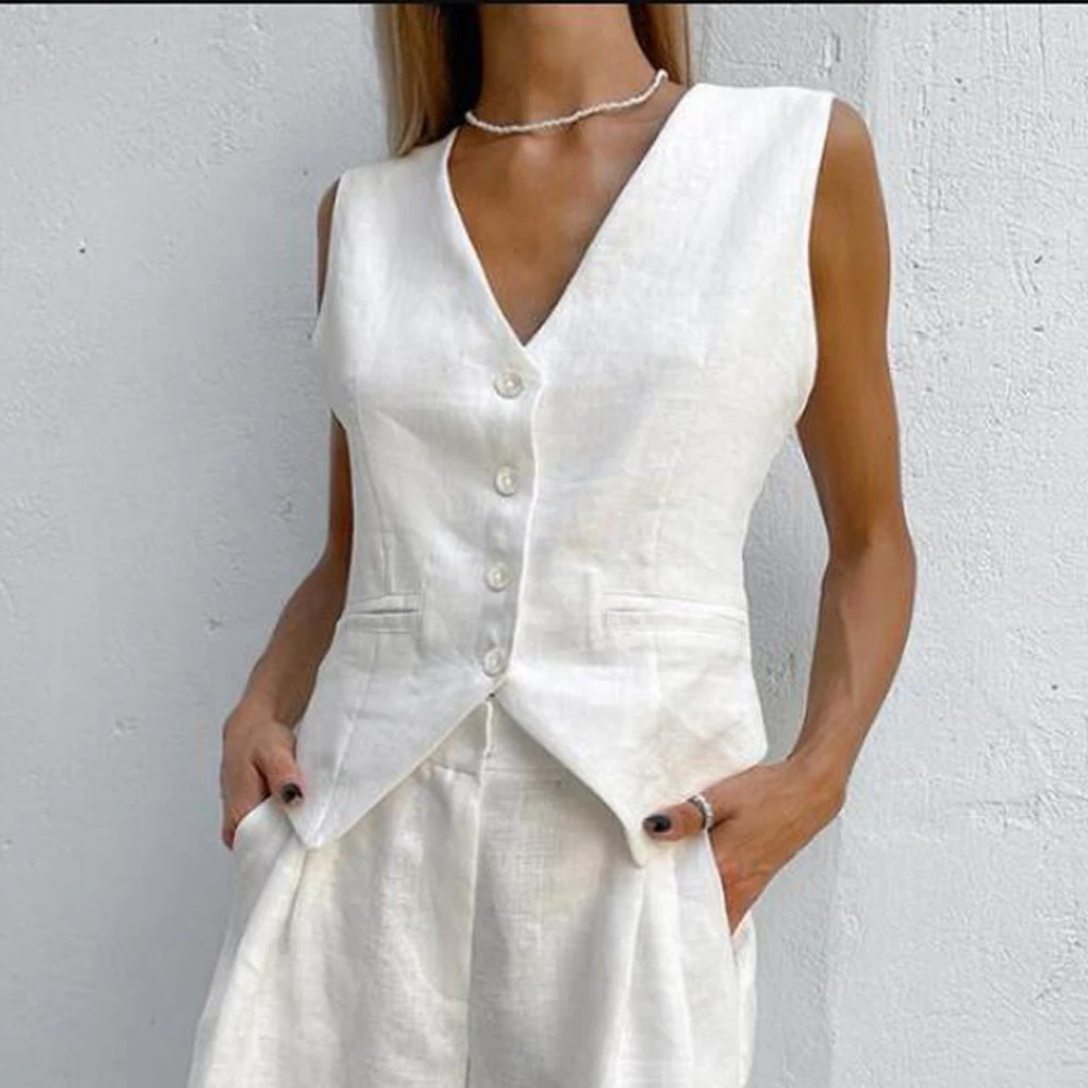 Women's Linen V Neck Sleeveless Single Breasted Vest Casual Elegant Youthful Woman Clothes Tops for Summer 2024 Clothing Top