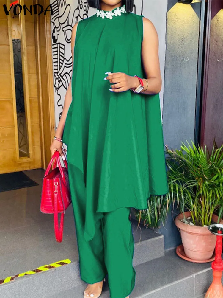

VONDA 2023 Summer Elegant Ruffled Casual Women Pant Sets Asymmetrical Tops and Wide Leg Pants Patchwork Solid Color Party Suits