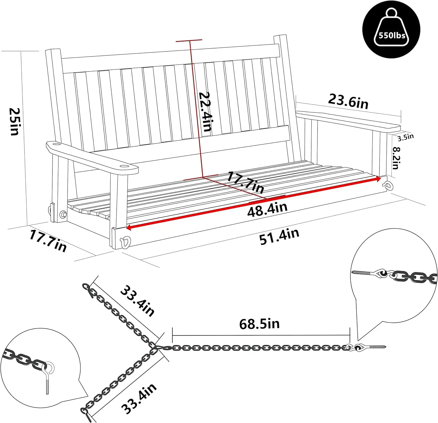 Outdoor Patio Hanging Wooden Porch Swing with Chains, Heavy Duty Swing Bench for Garden and Backyard images - 6