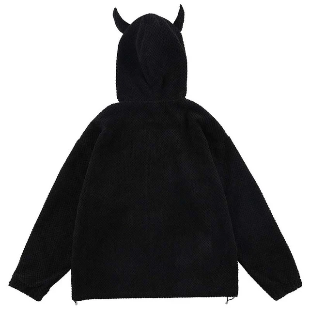 Sweatshirt Black Little Devil Horns Zipper Hoodies Men Twist Knitting Coats  Women Soft Street Tops Hip Hop Loose Casual Cardigan - AliExpress