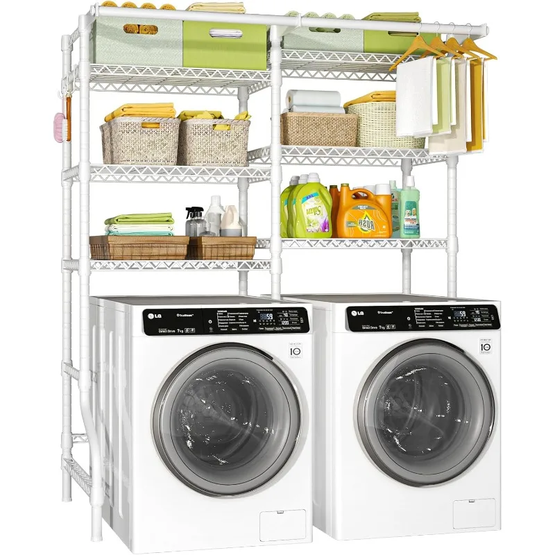 U13 Medium Over Washer and Dryer Storage Shelves, 6 Tiers Laundry Room Standing Shelf with 2 Hanger Rods, Space 6