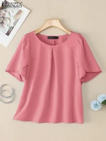 ZANZEA Women Summer OL Work Blouse Elegant Office Shirt Stylish Solid O Neck Tunic Short Petal Sleeve Tops Holiday Blusas Femme - Image 4