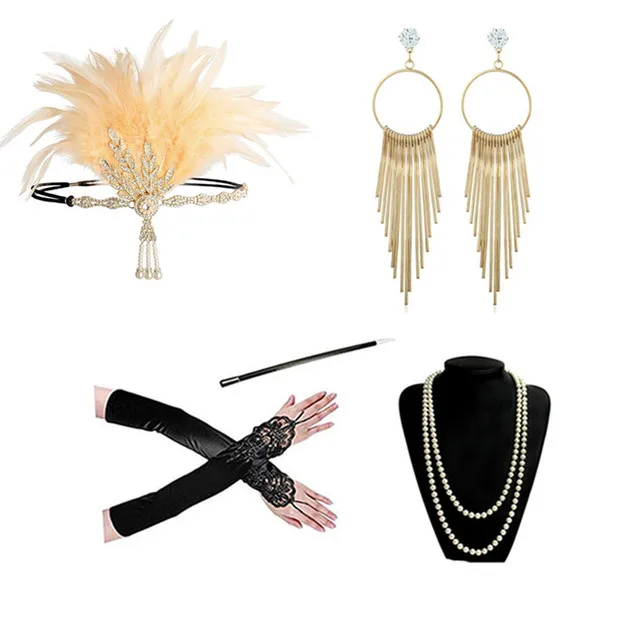 

Fashion New Design Women's Great Gatsby Flapper Vintage Earring Feather Headband 1920s 20's Accessory Sets Cigarette Holder 20