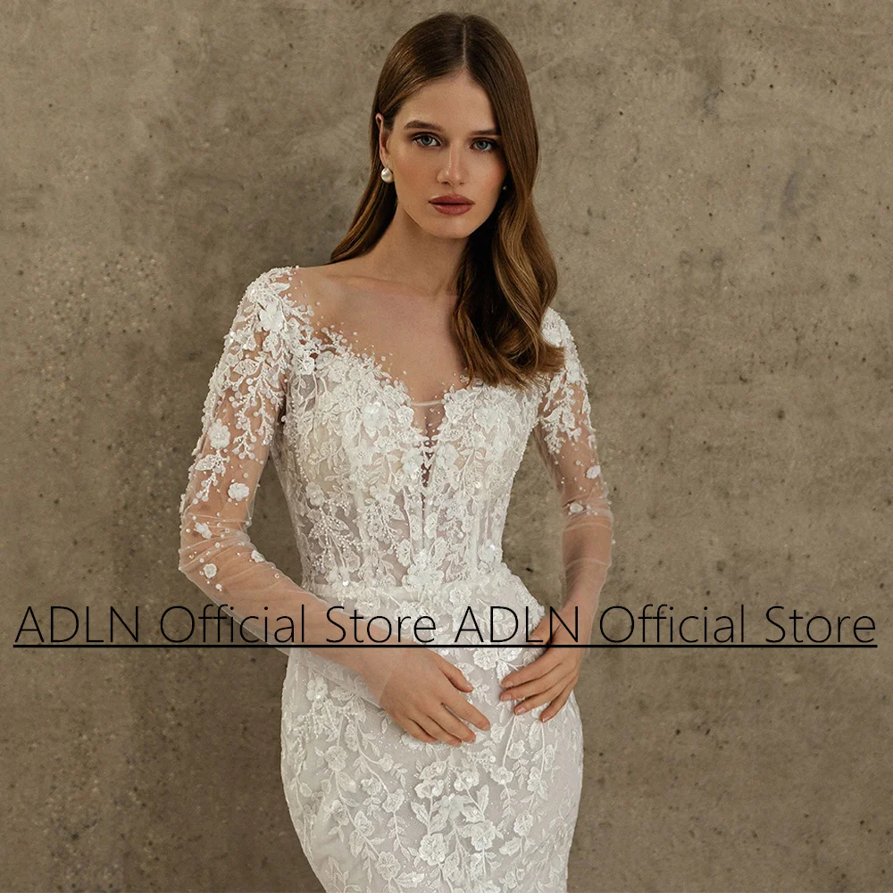 Elegant Lace Mermaid Wedding Dress with Detachable Tulle Train Long Sleeve Scoop Neck Sequined Applique Trumpet Bridal Gown 3