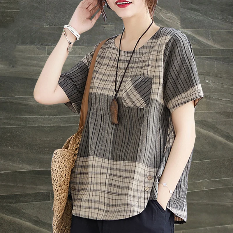 

2024 New Summer Casual Minimalist Retro Round Neck Color Block Striped Plaid Printed Cotton Linen Loose Short Sleeved T-shirt