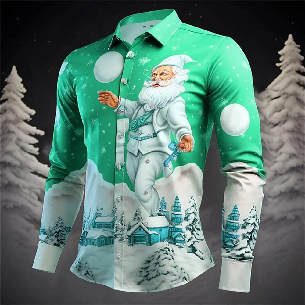2023 new hot Santa Claus holiday shirt digital 3D printing hot Christmas long-sleeved shirt party men casual fashion
