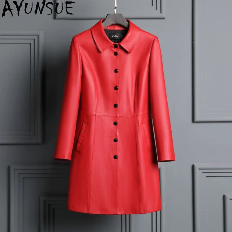 

AYUNSUE Genuine Leather Jacket Women 2023 Autumn Winter Mid-length Real Sheepskin Coat Solid Color Chaqueta De Cuero Mujer