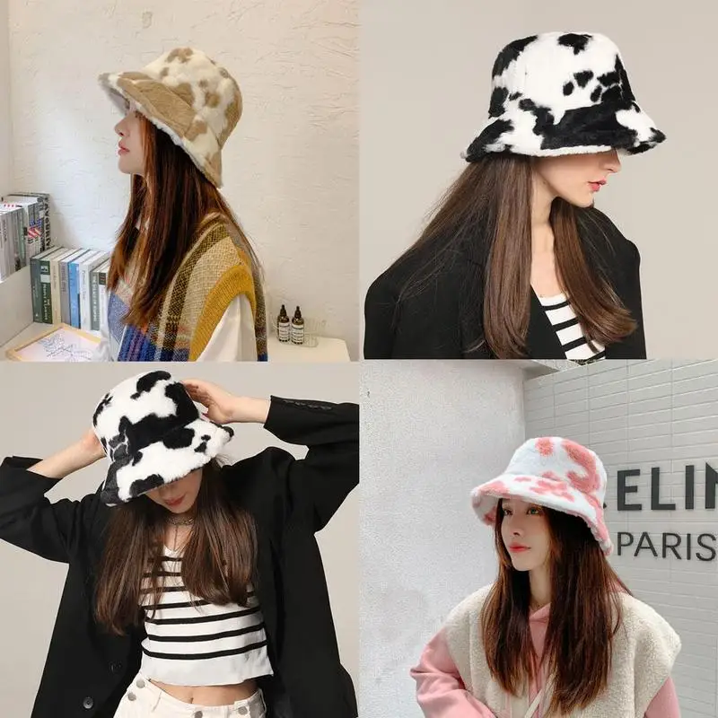 Fashion Winter Cow Print Women Bucket Hat Faux Fur Outdoor Lady Fisherman Fluffy Panama Warm Female Flat Cap Plush Furly U8k8 fisherman hat