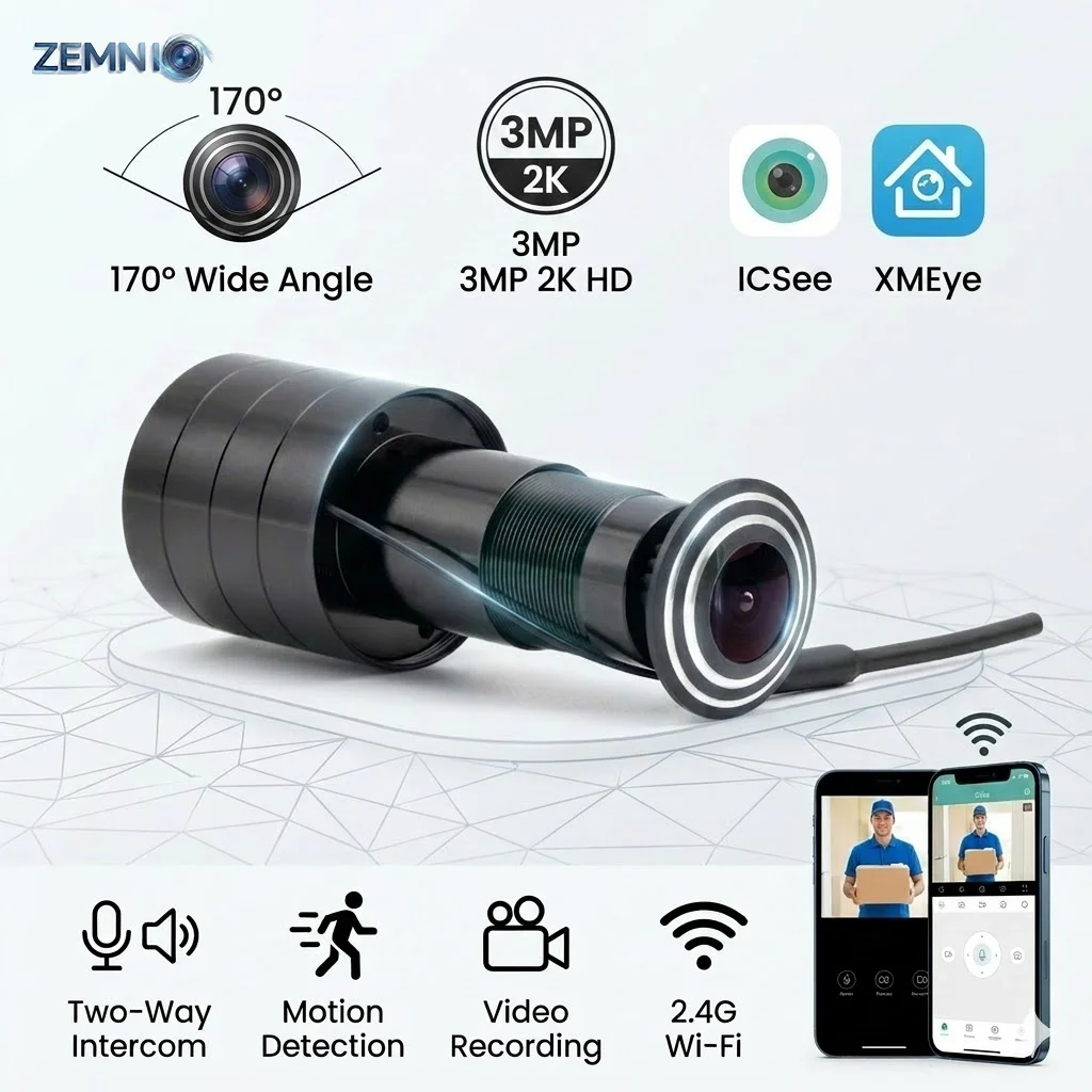 iCSEE Door Eye Hole Security 3MP 2K HD 170° Wide Angle FishEye CCTV Network Mini Peephole Door Wifi Camera P2P Xmeye VMS 1