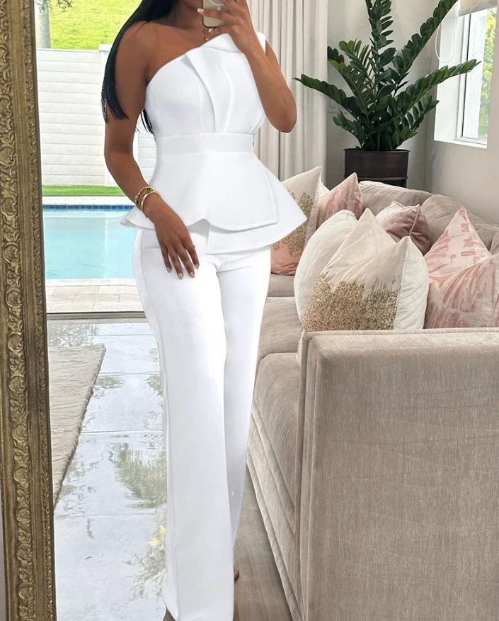 Elegant Two Pieces Set for Women 2024 Sleeveless Diagonal Collar One Shoulder Ruched Top & High Waist Straight Leg Pants Set