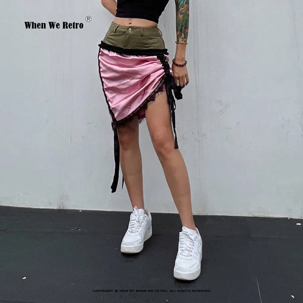

Y2K Streetwear Skirt Colorblock Casual Mini Skirts For Women High Waist Frill Trim Denim Patchwork Shirring A Line Skirt VP0199