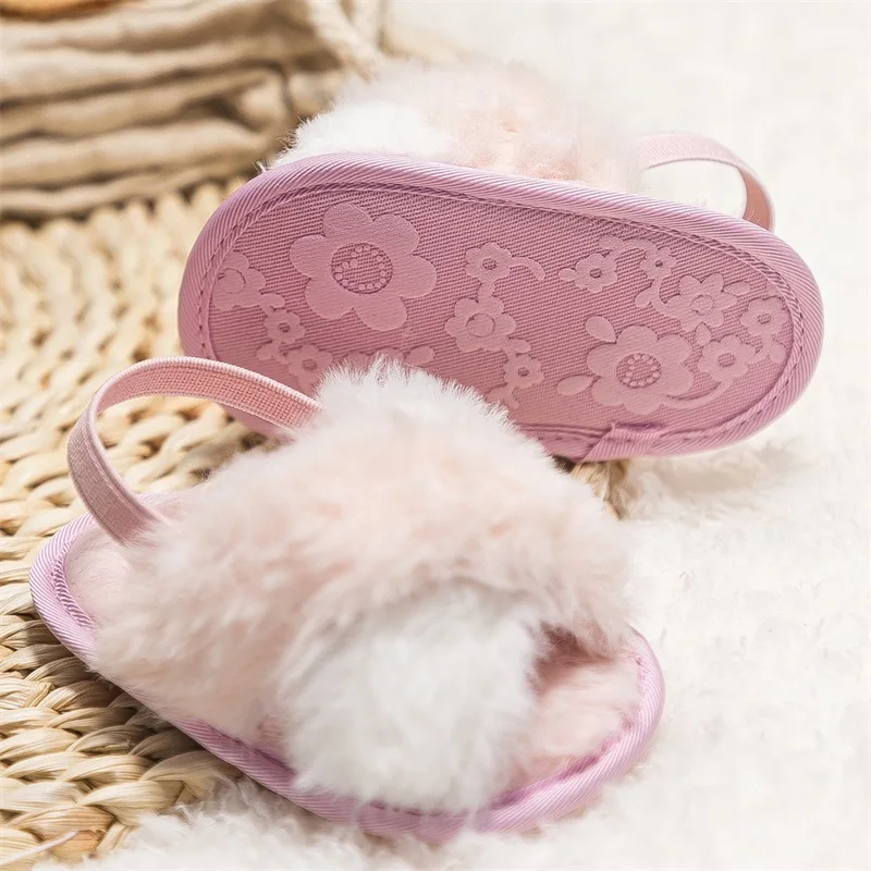Suefunskry Baby Girls Plush Sandals Summer Cute Soft Sole Elastic Strap Flats First Walking Shoes for Toddler Newborn