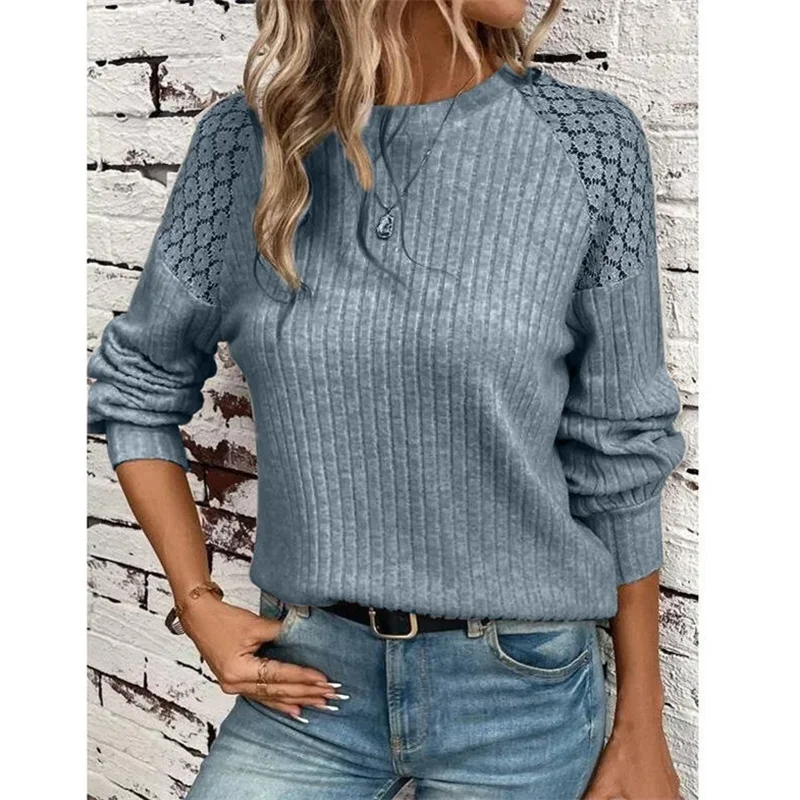 Fashion Lace Spliced Shoulder Women Sweatshirt Solid Color Pit-stripe O Neck Hoodie Female Autumn Winter Comfortable Casual Tops