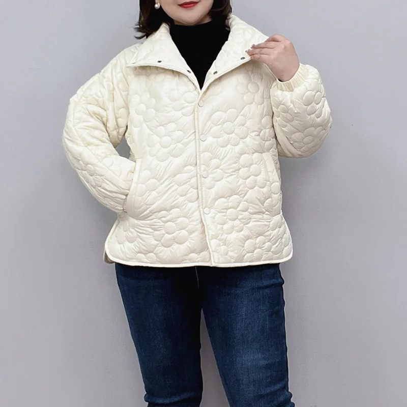 Women's Casual Padded Coat with Stand Collar, Loose Flowers Cotton Jacket, Winter Parka, Plus Size, 4XL, New