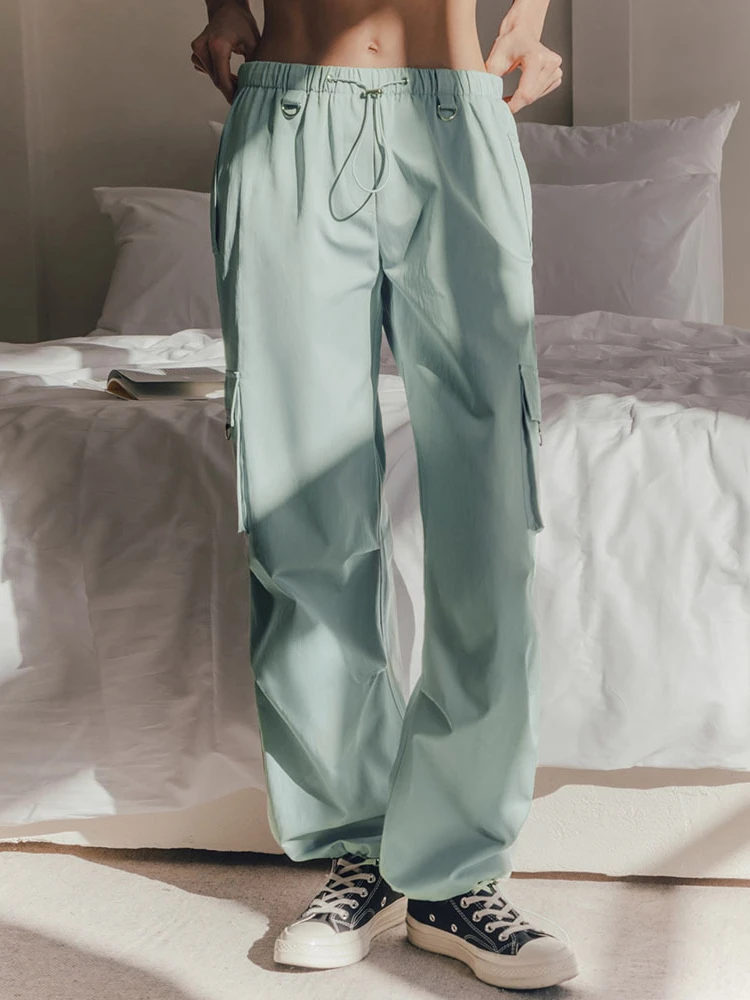 

Casual Cargo Pants for Women Korean Fashion High Waist Draw Rope Big Pocket Wide Leg Pants 2023 Autumn Beige Loose Trousers