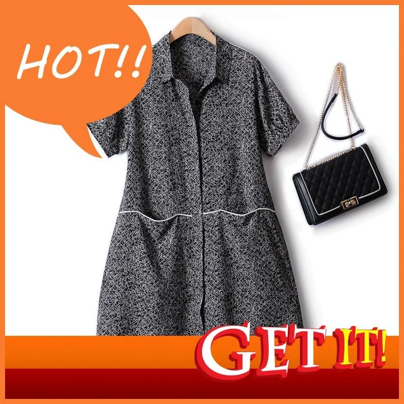 

Dress Women 2023 New Summer Turn Down Collar Cardigan Retro Line Profile Thin Short Sleeve Elegant Casual Dresses For Woman 4XL