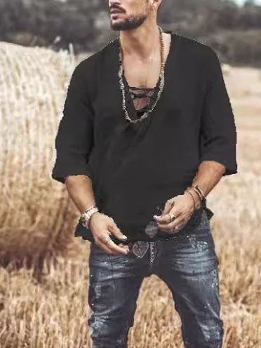 Faionable Casual Loose Middle-Sve V-Ne T-irt for Men Breathable Comfortable Pure Color irt with Belt at Chest