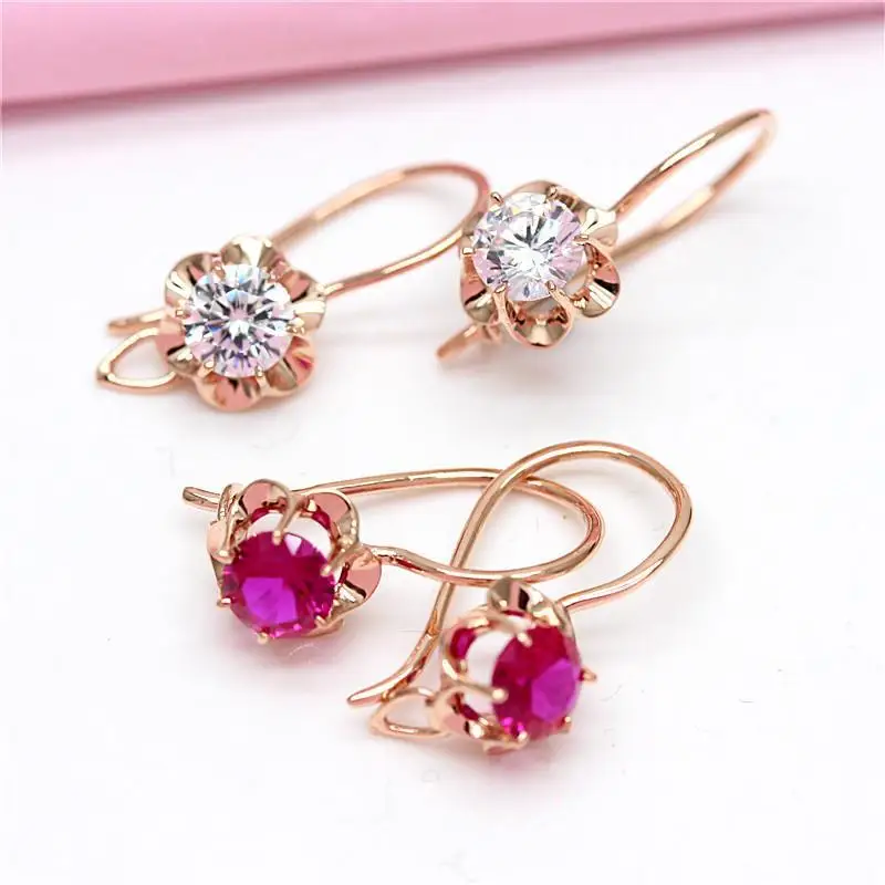 Brincos de Flores de Cristal em Ouro Roxo para Mulheres Banhado a Ouro Rosa 14K Pedra Preciosa Incrustada, Pequena Doce Elegante Jóias Charme, 585