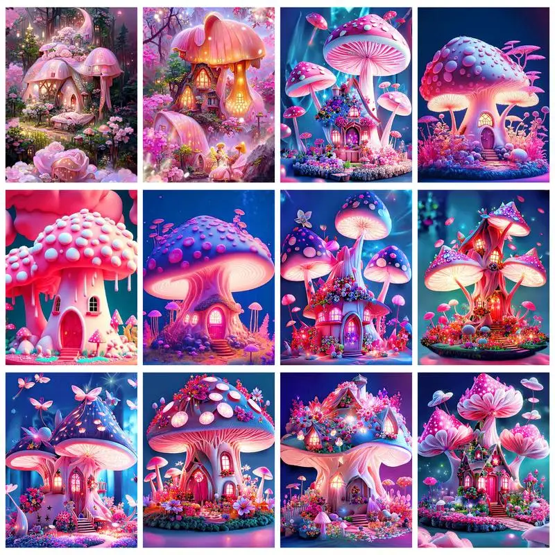 

GATYZTORY Oil Painting By Numbers Paint Kit Dreamy Mushroom House Picture Paint Handmade On Canvas Diy Gift For Adults Crafts