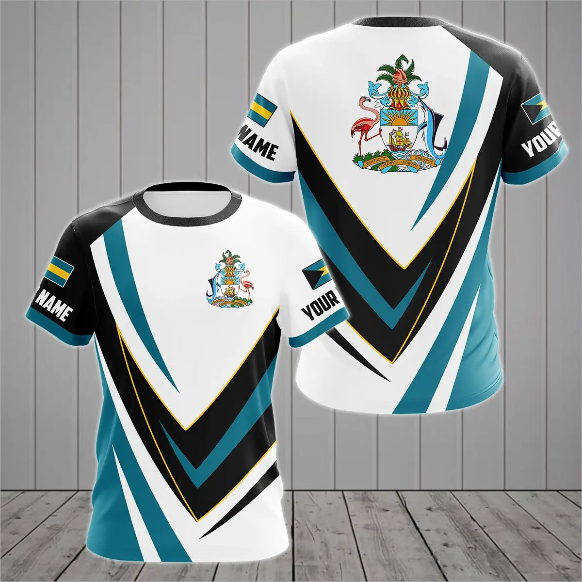 

Bahamas Flag & Coat of Arms Graphic Tee Summer Casual Pullover Men's Fashion Loose T-shirts Boys Oversized Short Sleeve Tops