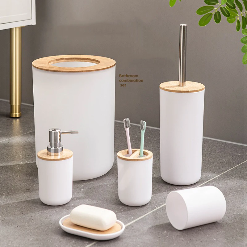 6종 세트 비누 디스펜서, 화장실 브러쉬, 로션 병, 휴지통, 대나무 플라스틱 욕..