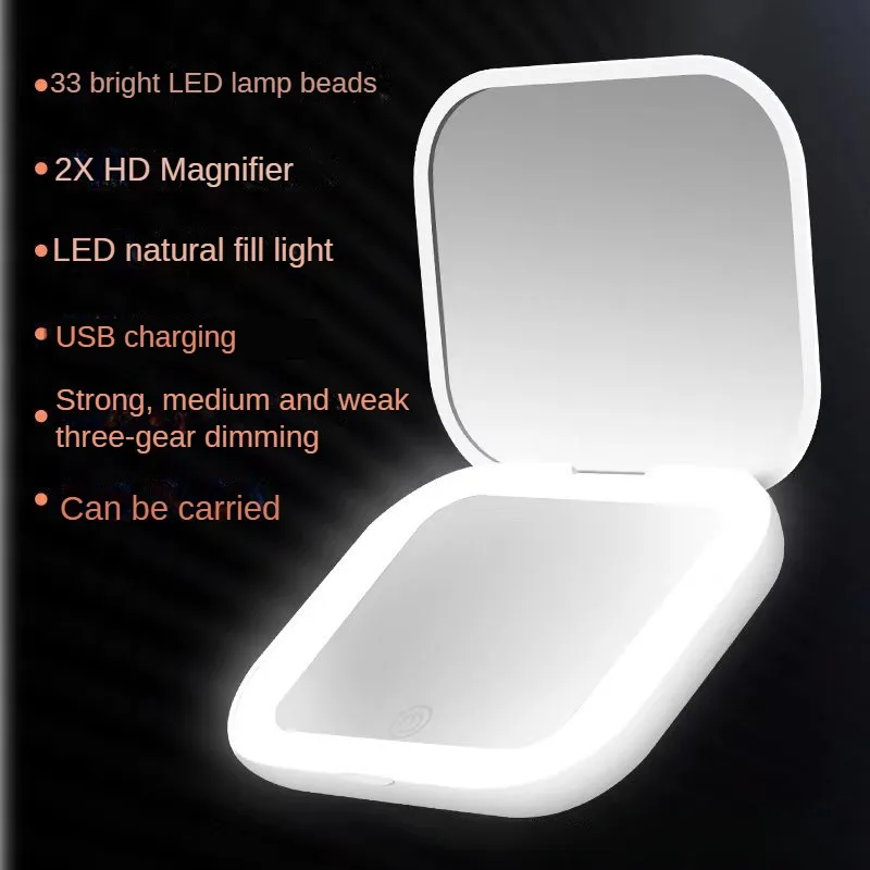 컴팩트 휴대용 미니 LED 조명 메이크업 거울, 2X 확대 휴대용 포켓 여행 접이식 여성 화장품 포켓 미러