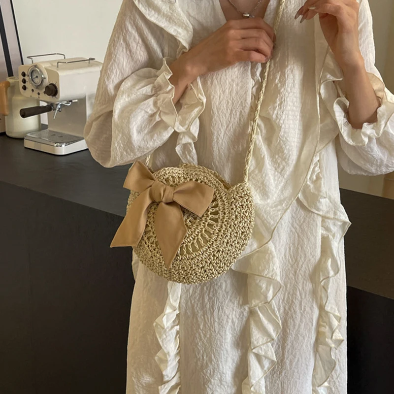 Summer Small Straw Shoulder Crossbody Bags Handmade Beach Handbags Bowknot Woven Tote Round Crossbody Purse Clutch