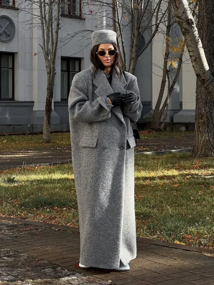 

Loose Grey Woolen Blends Lapel Overcoat Women Elegant Double Breasted Long Sleeve Pockets Maxi Coat 2023 Winter Warm Lady Jacket