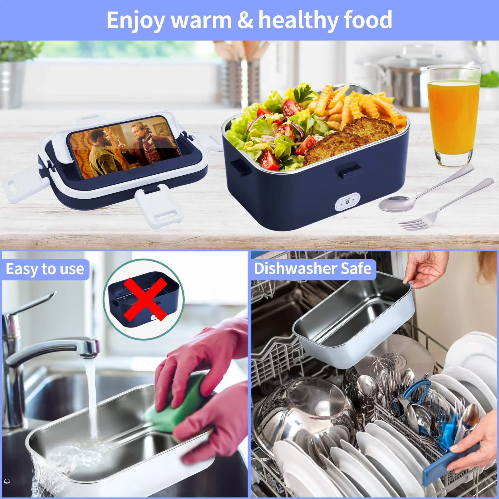 VECH Electric Heating Lunch Box Food Heater Portable Lunch Containers Warming Bento Box for Home & Office Use 110V Heat Up Lunch Box (Blue)