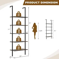 5-Tier Bookshelf, Modern Wall Mounted Ladder Shelf, 5 Tiers Wood Open Bookcase w/Metal Frame, Home Office Display Rack 2