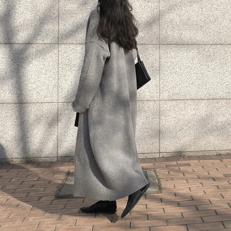 여성용 우아한 롱 가디건, 그레이 블랙, 느슨한 골지 니트, 오버사이즈 스웨터, 패션 코트, 2023 가을 겨울, 신상