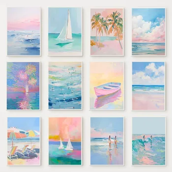 Colorful Abstract Rainbow Beach Poster Sailboat Ocean Pastel Summer Canvas Painting Trendy Wall Art for Coastal House Room Decor