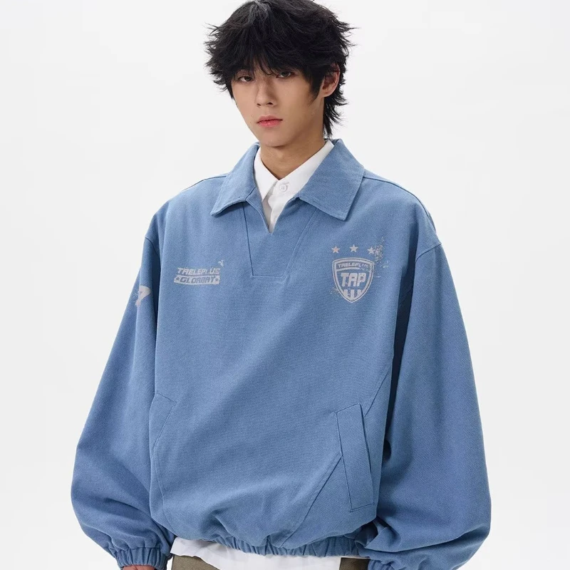 Spring Trendy Mens Tops Letter Printing College Unisex Sweatshirt Street Fashion Loose Washed Lapel Male Pullover New