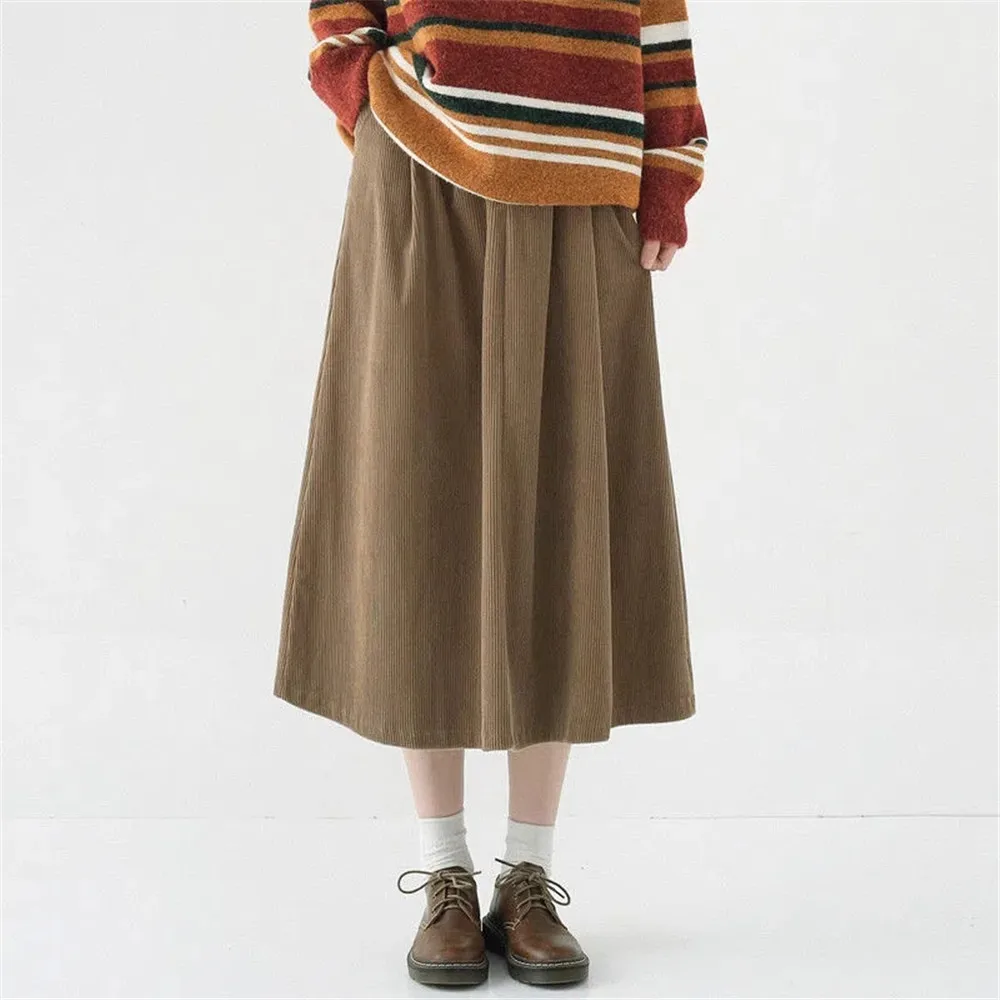 

Simple Solid Color Corduroy Skirt Women Autumn Winter New Japanese Retro Temperament High Waist Thin Mid-Length A-Line Skirt